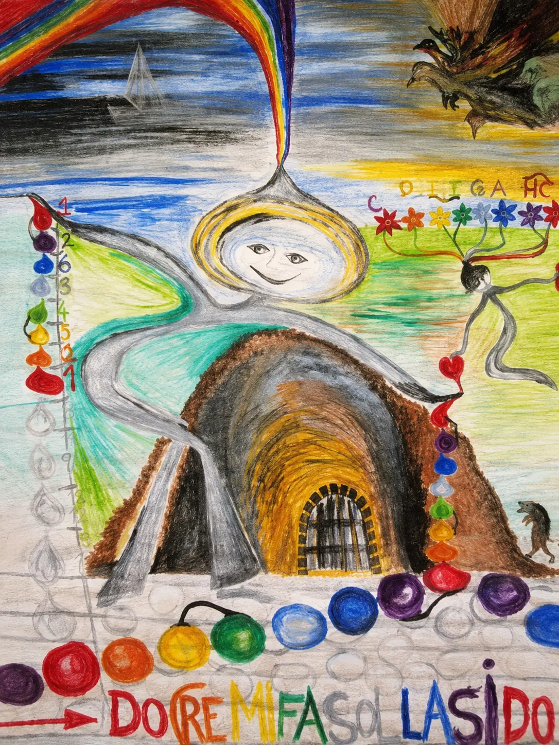 Die handgezeichnete Figur Fidibus vor ihrer Erdhöhle, verbunden mit Regenbogen, Blumen, Farben und der Tonfolge Do Re Mi Fa So La Si Do